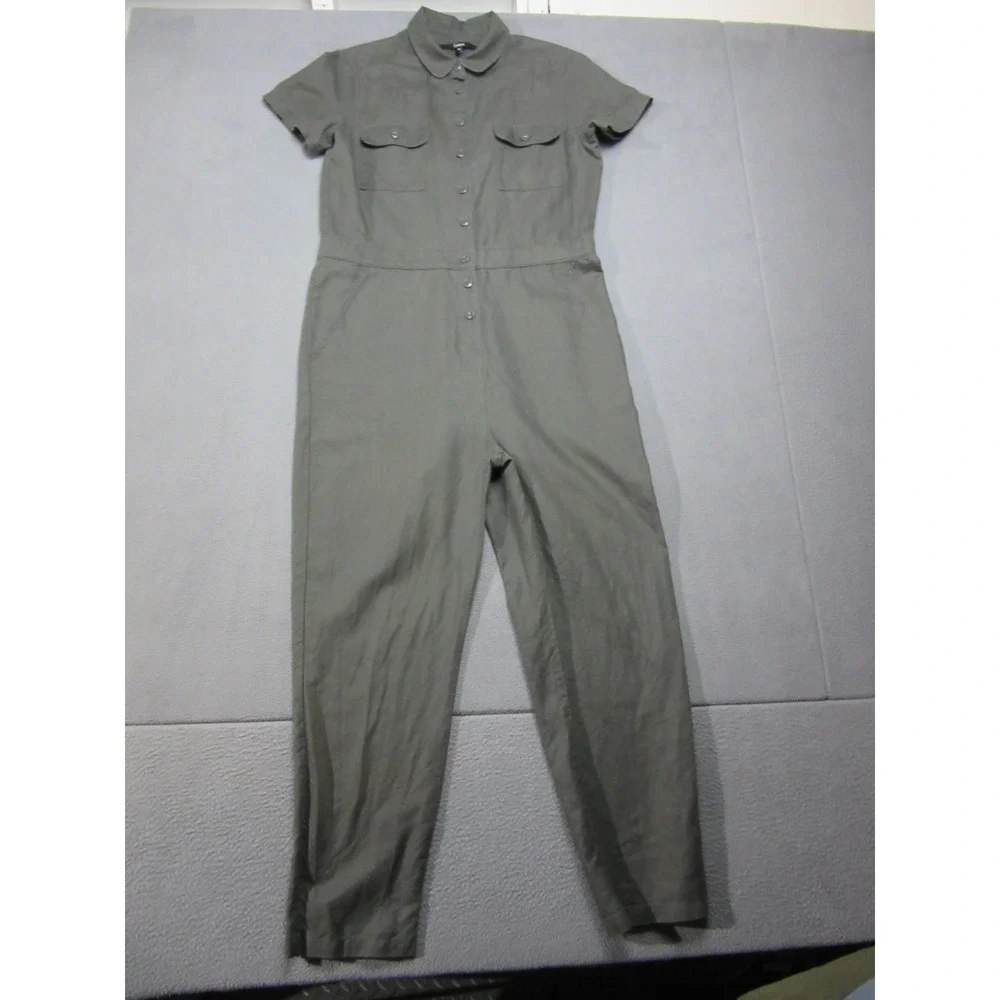 Quince Jumpsuit Womens Medium Green Linen Cotton Short Sleeve Utility Pockets